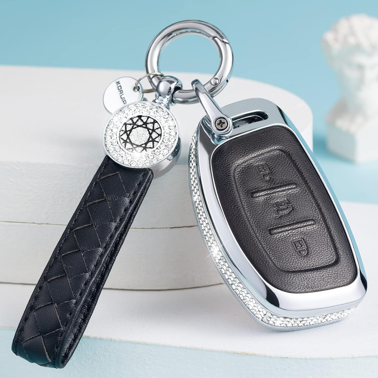 for Hyundai Elantra Key Fob Cover with Keychain Genuine Leather Crystal Key Case Protector Compatible with 2021 2020 2019 Hyundai Elantra Ioniq Sonata Tucson Elantra GT Smart Key (Black)
