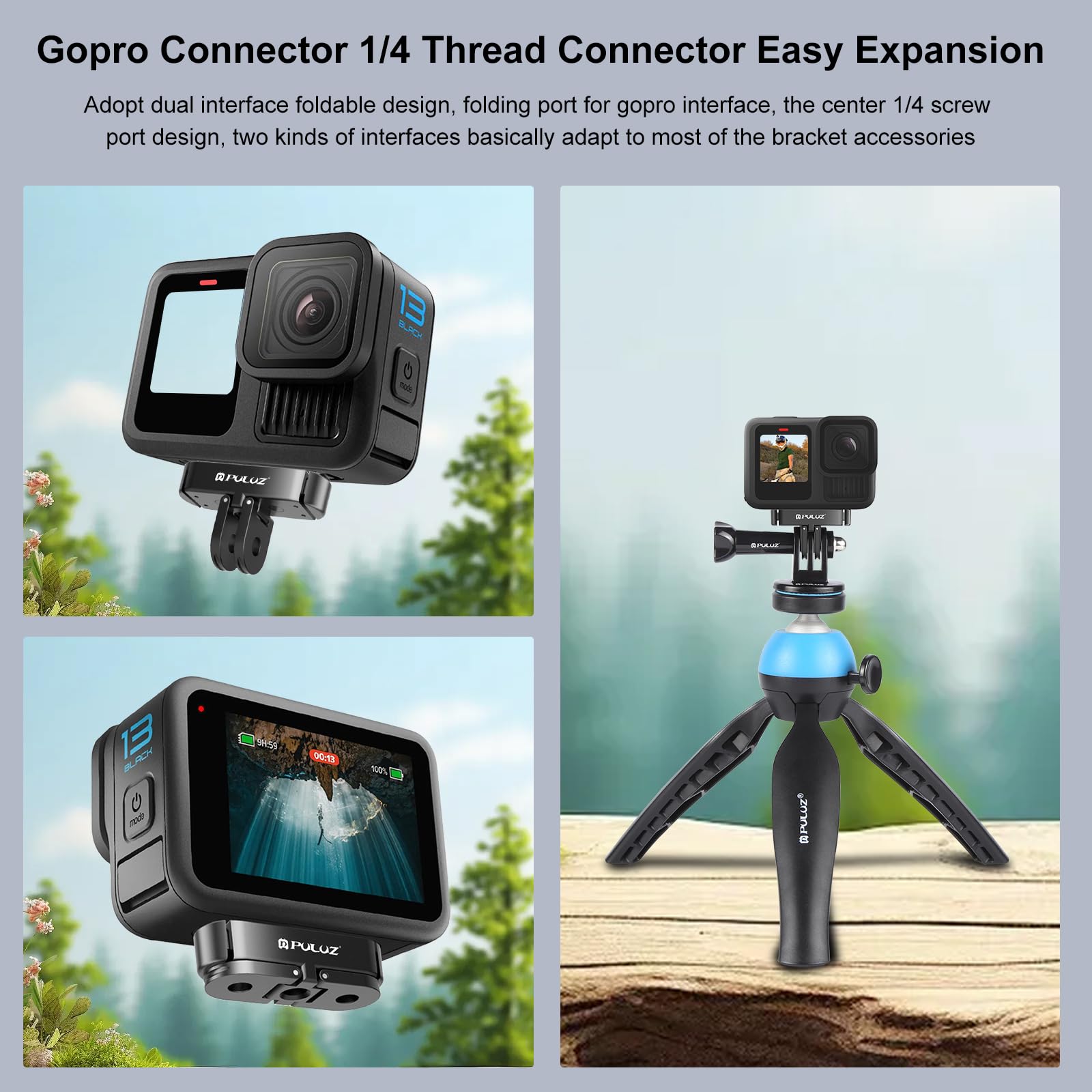 PULUZ Soporte magnético para GoPro Hero 13 negro, montaje de liberación rápida con orificio de tornillo de 1/4 a 20 puertos de conector de trípode para GoPro Hero 13