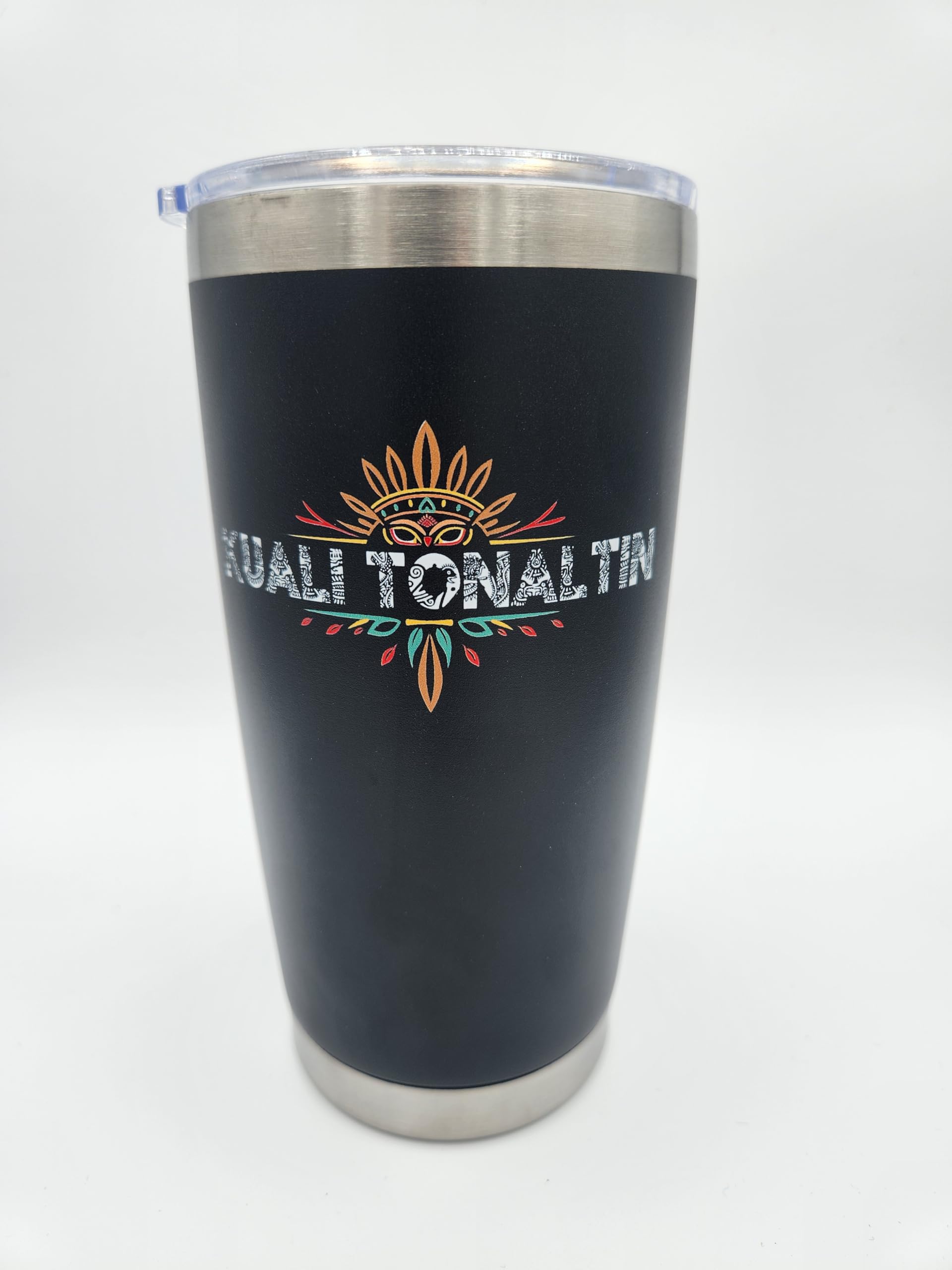 Kuali Tonaltin 20oz Stainless Steel Insulated Tumbler, Leak Resistant Lid, Travel, Cup Holder Friendly, Eco-Friendly, Re-Usable, Vaso Para Cafe, Aztec, Nahuatl (Black)