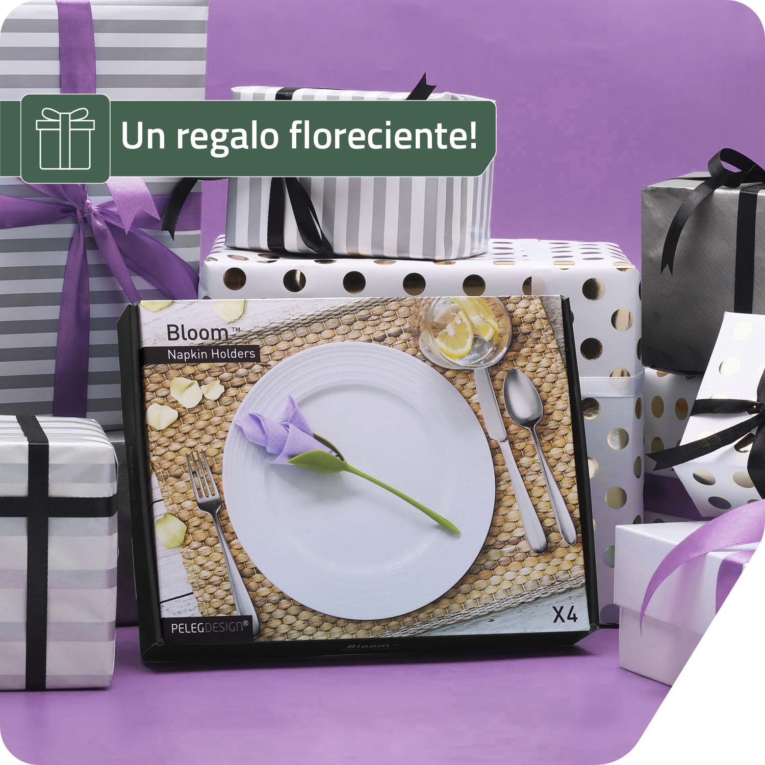 PELEG DESIGN Bloom Servilleteros de Flor Set de 4 – Soportes Originales para Servilletas de Papel con Forma de Tallo, Decoración de Mesa Creativa para Fiestas, Incluye 4 Servilletas