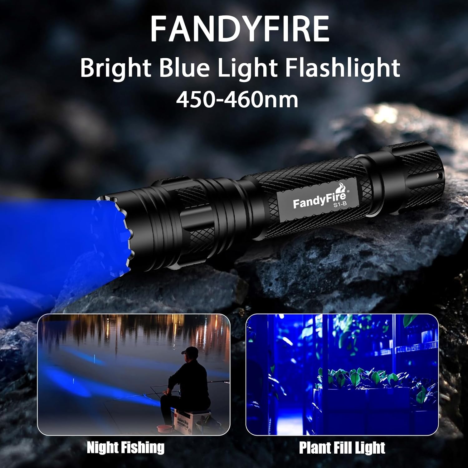 Night Fishing Blue Light Flashlight Rechargeable, 450-460nm Super Bright Single-Mode LED Blue Flashlight with Tactical Holster for Outdoor Observation and Animal Tracking S1-B