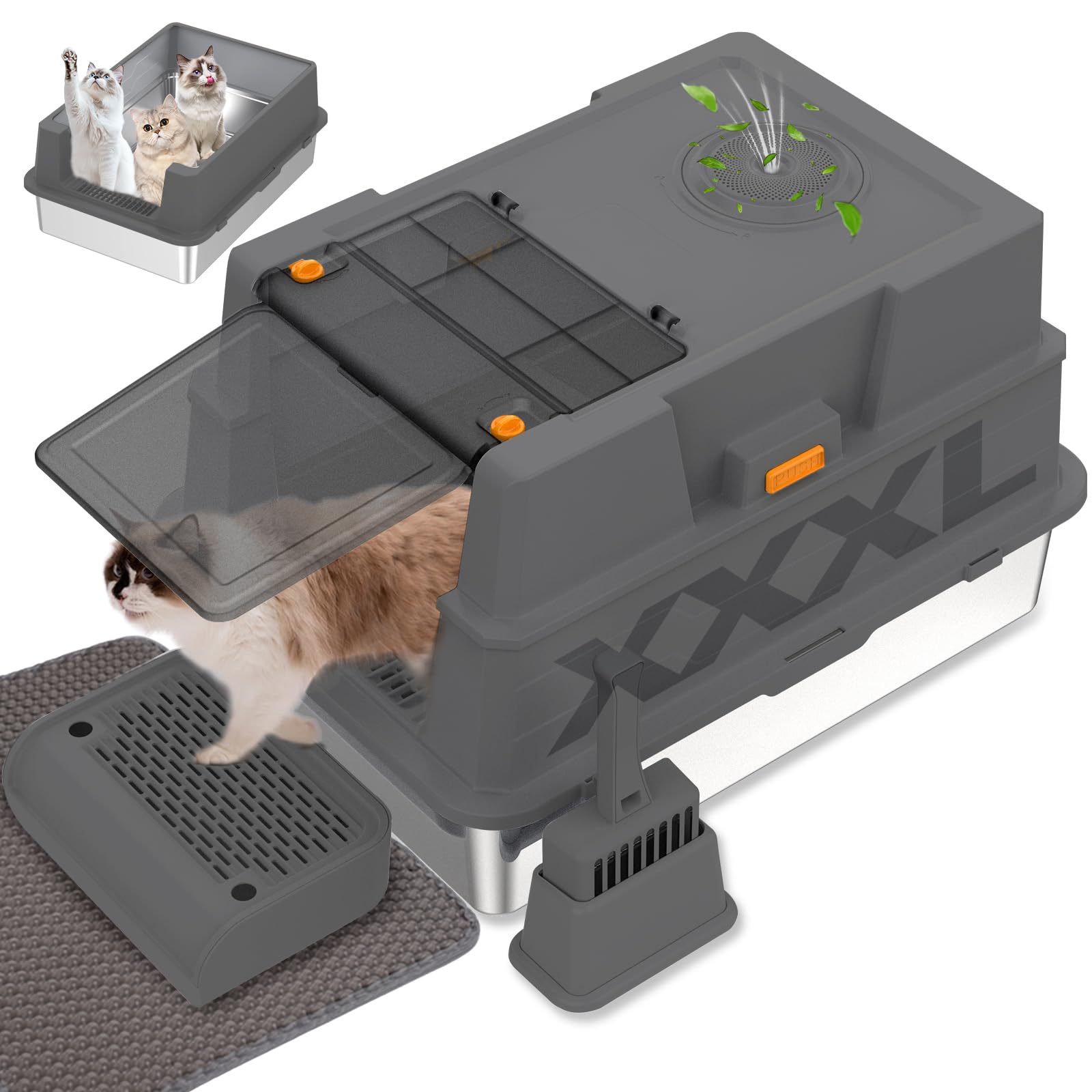 XXXL Stainless Steel Litter Box with Lid,XXXL Enclosed Metal Cat Litter Box for Big Cats,Multiple Cats,with Litter Scoop & Foot Pedal & Litter Mat,Odor Control,