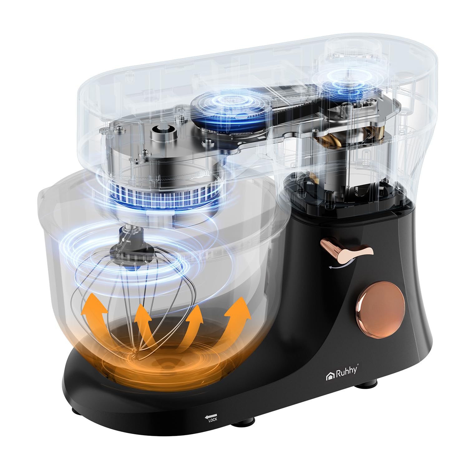 Robot de cocina con tazón de mezcla calefactable de 6,2 l – Batidora planetaria RUHHY 2000 W 11 velocidades y pantalla táctil – Amasadora de masa para pan, pizza, pasteles y pasteles (negro y dorado)