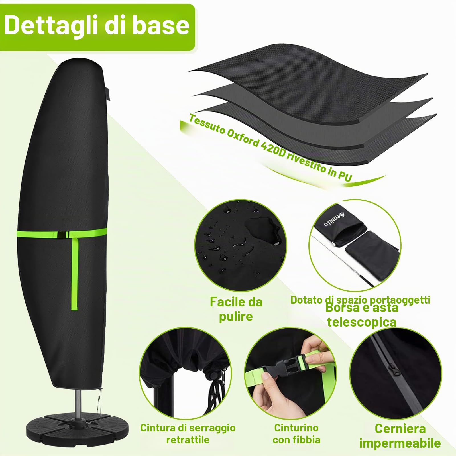 GEMITTO Copertura Protettiva per Ombrellone (Diametro 2-4 m) da Giardino Impermeabile, con Cerniera Impermeabile (280 x30/81/45cm, 420D)