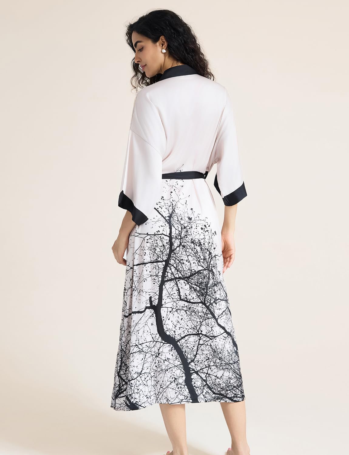Kimono long en satin pour femme - Imprimé floral