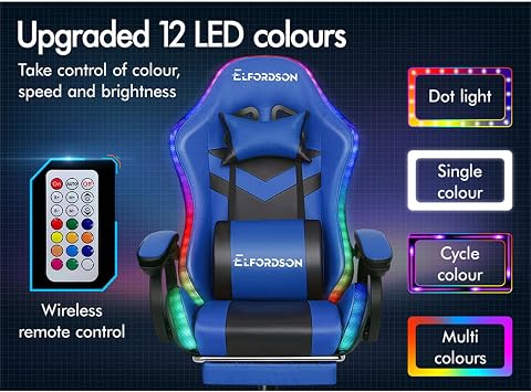 ELFORDSON LED Gaming Chair with 8-Point Massage, Office Chairs with Head Pillow Lumbar Support, Ergonomic Desk Chair with Armrests Footrest, PU Leather, Blue and Black