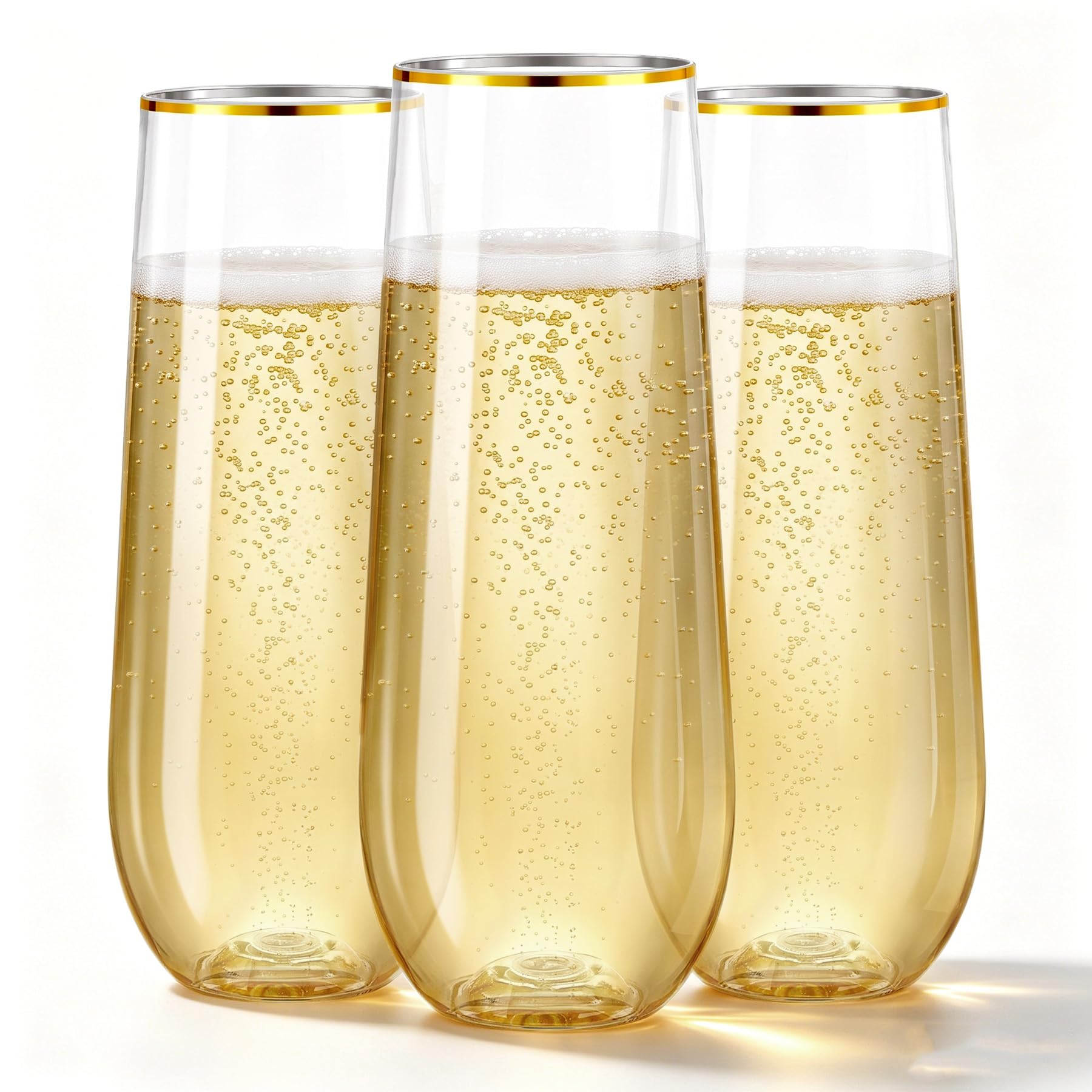 N9R Paquete de 36 copas de champán de plástico, 9 onzas sin tallo desechables, con borde dorado, copas de cóctel transparentes para bebidas, irrompibles, ideales para fiestas, bodas, cumpleaños