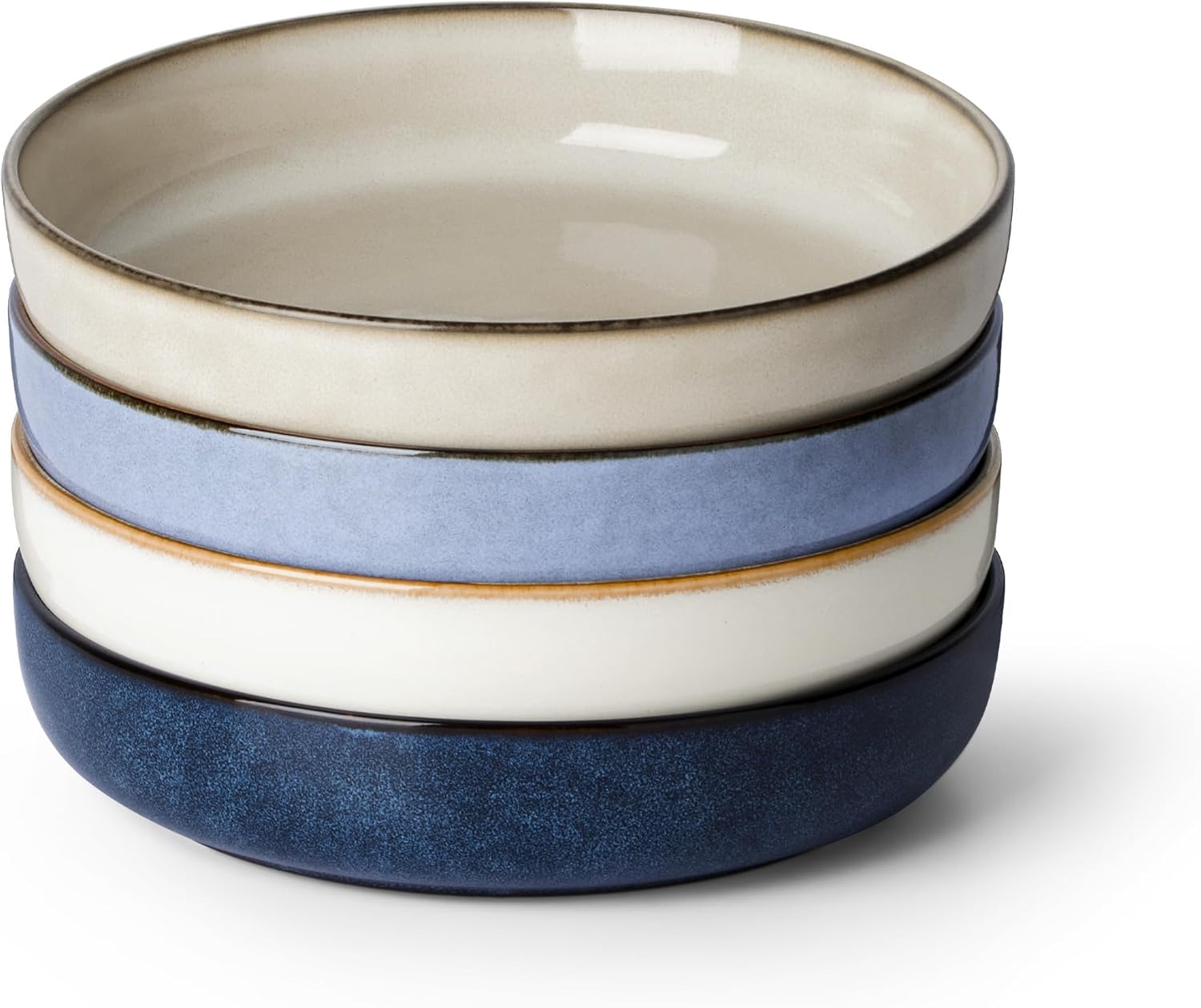 LIANYU Stoneware Pasta Bowls Set of 4, 35oz Large Salad Pasta Bowl for Home, Wide and Shallow Ceramic Plate Bowls for Serving Soup Dinner, Microwave & Dishwasher Safe, Four-color