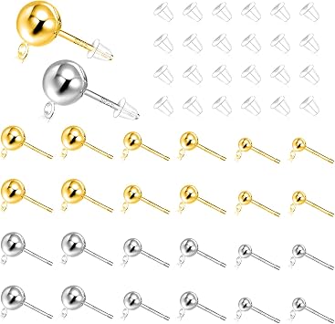 48Pcs Sterling Silver Earring Posts for Jewelry Making,3/4/5mm Hypoallergenic S925 Silver Round Ball Posts Earring Studs with Loop Ball Ear Studs and Clear Ear Back for DIY Jewelry Findings Making Kit