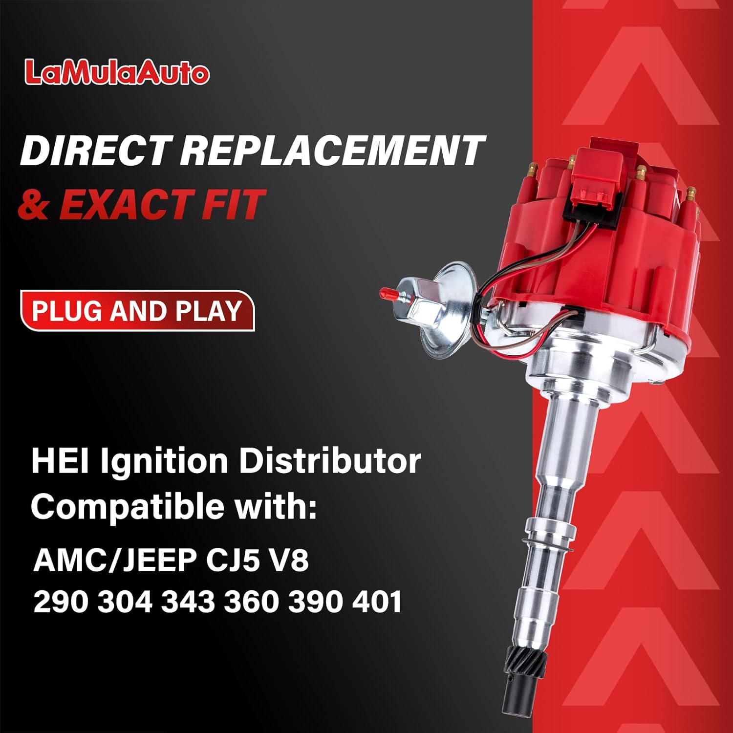 HEI Distributor LaMulaAuto Compatible with Chevy AMC/JEEP SBC/BBC V8 290 304 343 360 390 401, 65k Volt Coil for 7500 RPM, One-Wire Installation