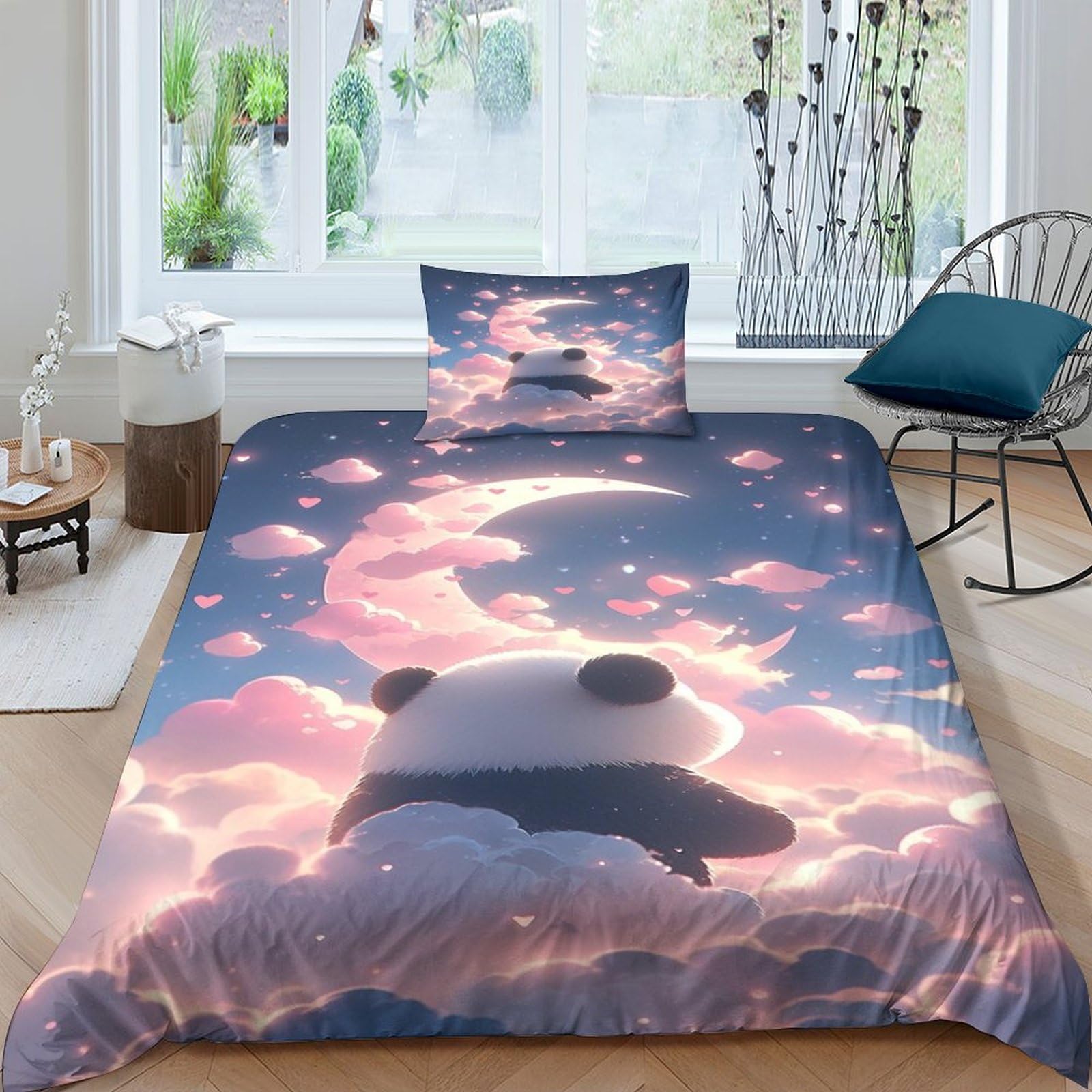 Parure de lit pandas mignons 135x200 avec housse de couette en microfibre 3D et sa taie