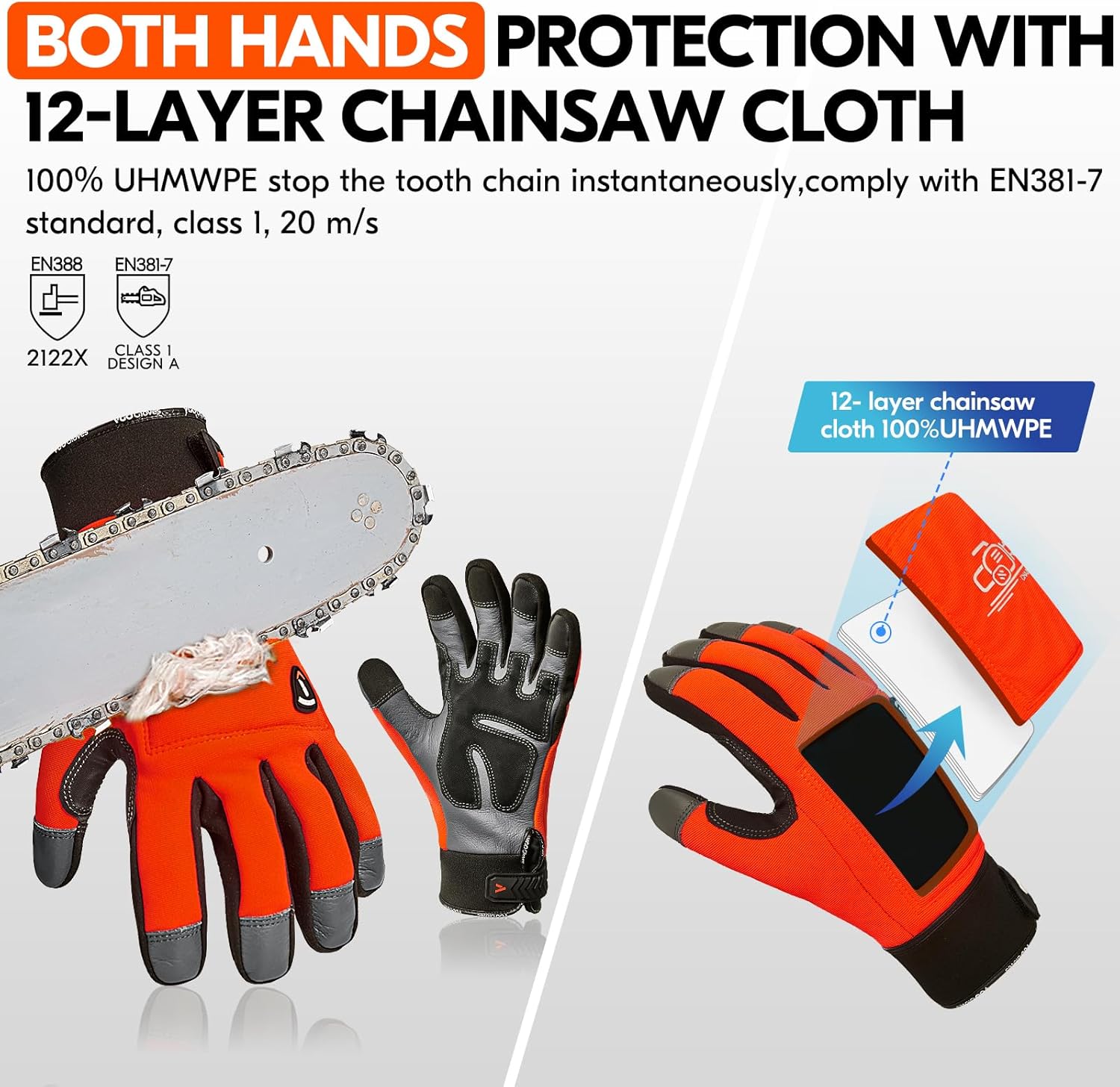 Vgo... Chainsaw Cut Resistant Gloves,Level A5,12-Layer Protection on Both Hands Back,Cow Leather