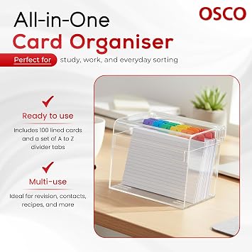 OSCO Clear Acrylic Index Box, Large, A to Z Divider Tabs, 100 Lined Note Cards, 7 x 5, Ruled Revision Flash Cards, Recipe Notes, Office Contact Filing, Desktop Organiser, 177 x 127 mm