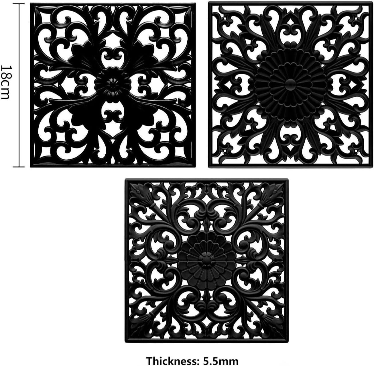 Silicone Trivets for Hot Dishes, Square Trivet Hot Pads for Kitchen Counter, Silicone Trivets for Hot Pots and Pans, Heat Resistant Mat for Quartzs, Kitchen Tabletops Pot Holder Set 3 Black