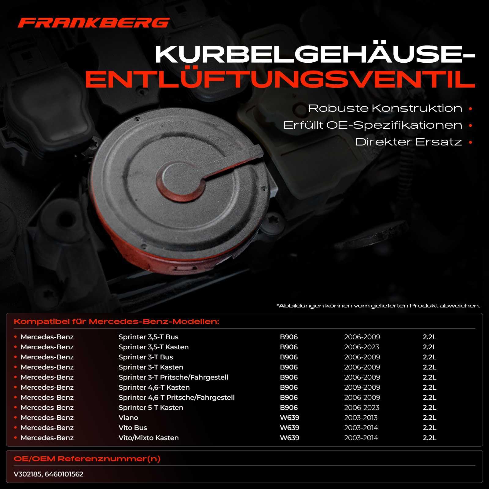 Frankberg Ventil Kurbelgehäusentlüftung für Sprinter 3,5-T/3-T/5-T B906/Viano Vito Bus Vito/Mixto Kasten W639 2.1L 2005-Heute 6460101562