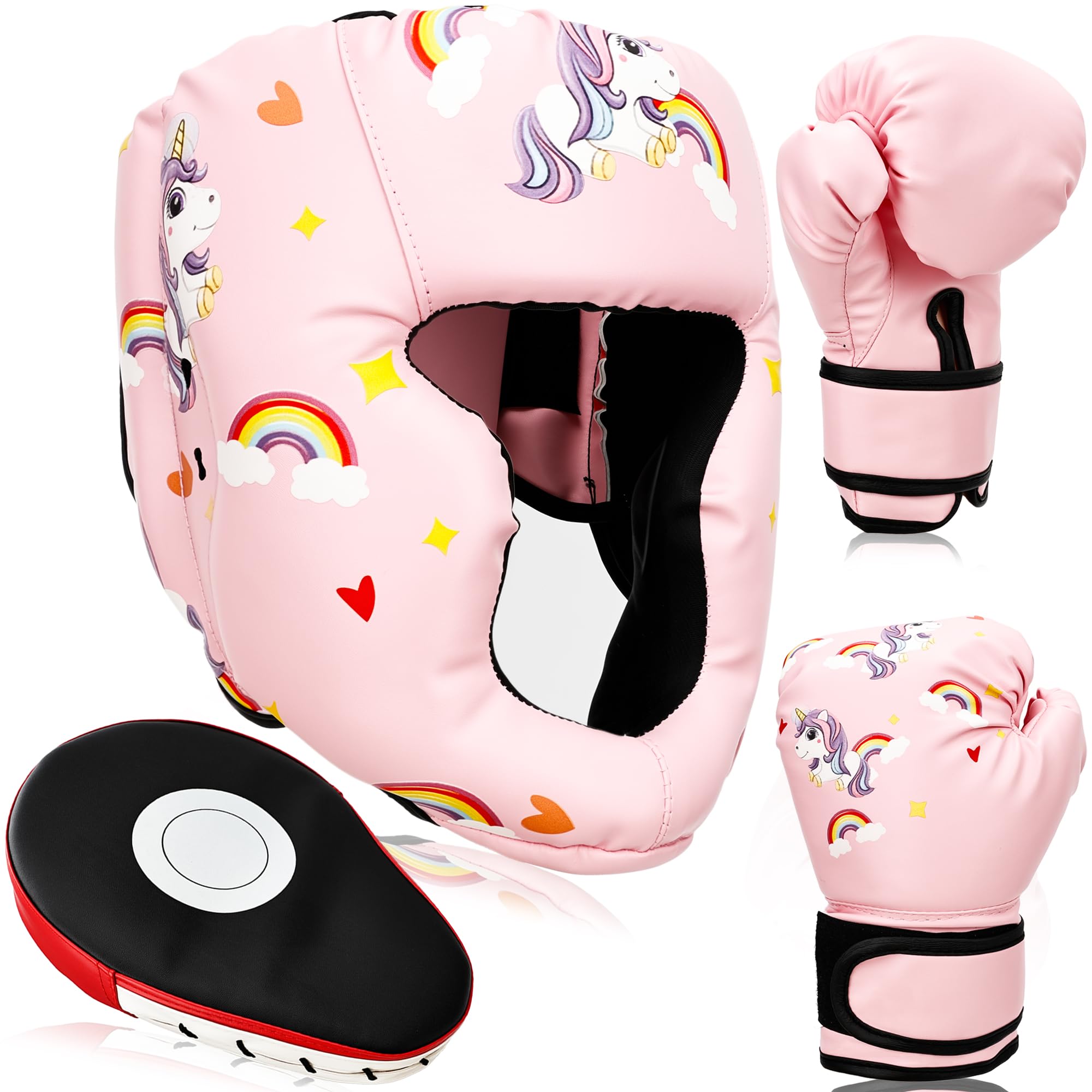 3 in 1 Kids Boxing Equipment Set Including Boxing Gloves and Adjustable Headgear and Punching Mitts for Kids Kickboxing Thai Training
