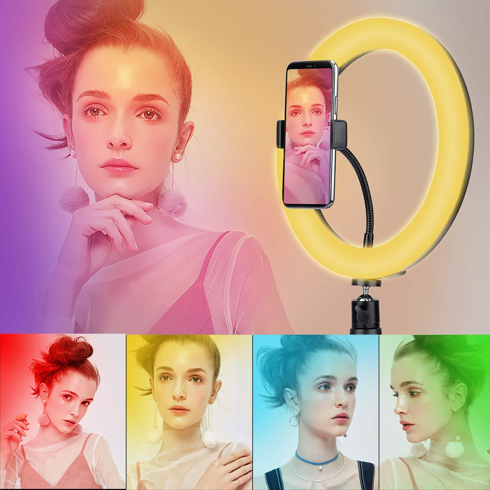 Luce ad Anello, Luce ad Anello a LED da 10 Pollici con 10 Colori RGB dimmerabili e 10 Livelli di luminosità, con Supporto per treppiede per Trucco Live Streaming Video Photography