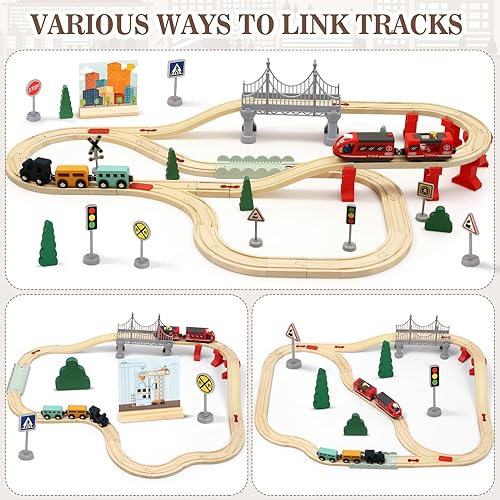Miniatura 5 de Lonico Juego de tren de madera para niños pequeños de 3 a 5 años, 80 piezas de trenes con trenes eléctricos y vías intercambiables y viaducto, se