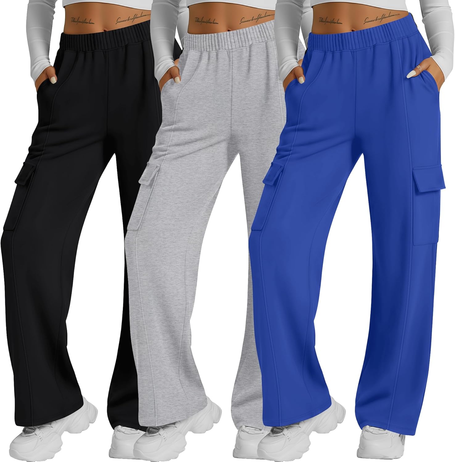 Neer 3 Pack Womens Pants with Cargo Pockets Casual High Waisted Baggy Wide Straight Leg Sweatpants Lounge Joggers Trousers