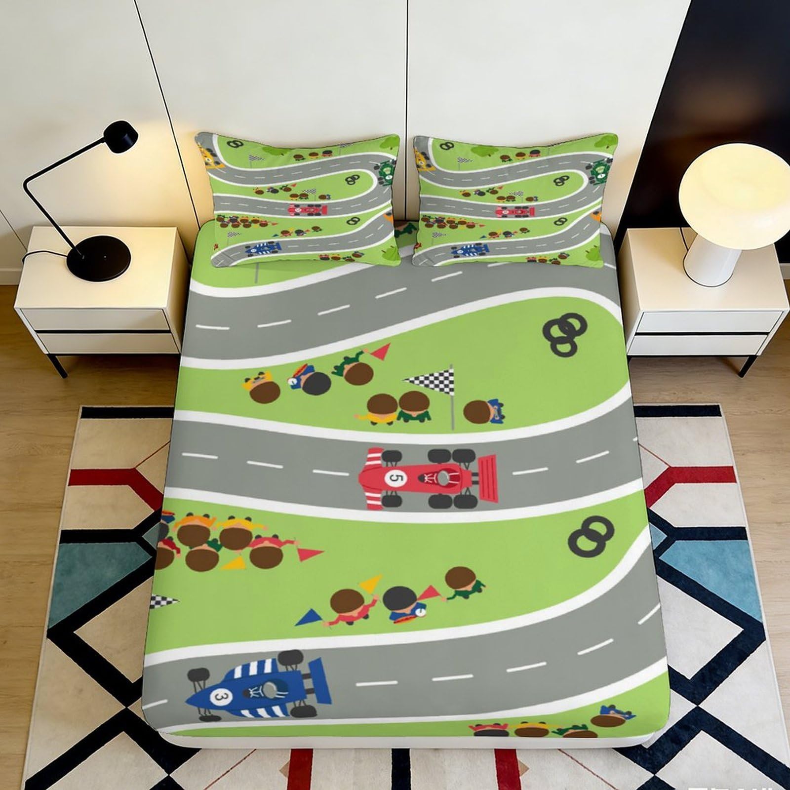 3D Printed Racing Track Microfiber Fitted Sheet Deep Pocket Bedroom Set Racing Mattress Fitted Cover Non-Slip Breathable for Adults Teens 140x200x25cm