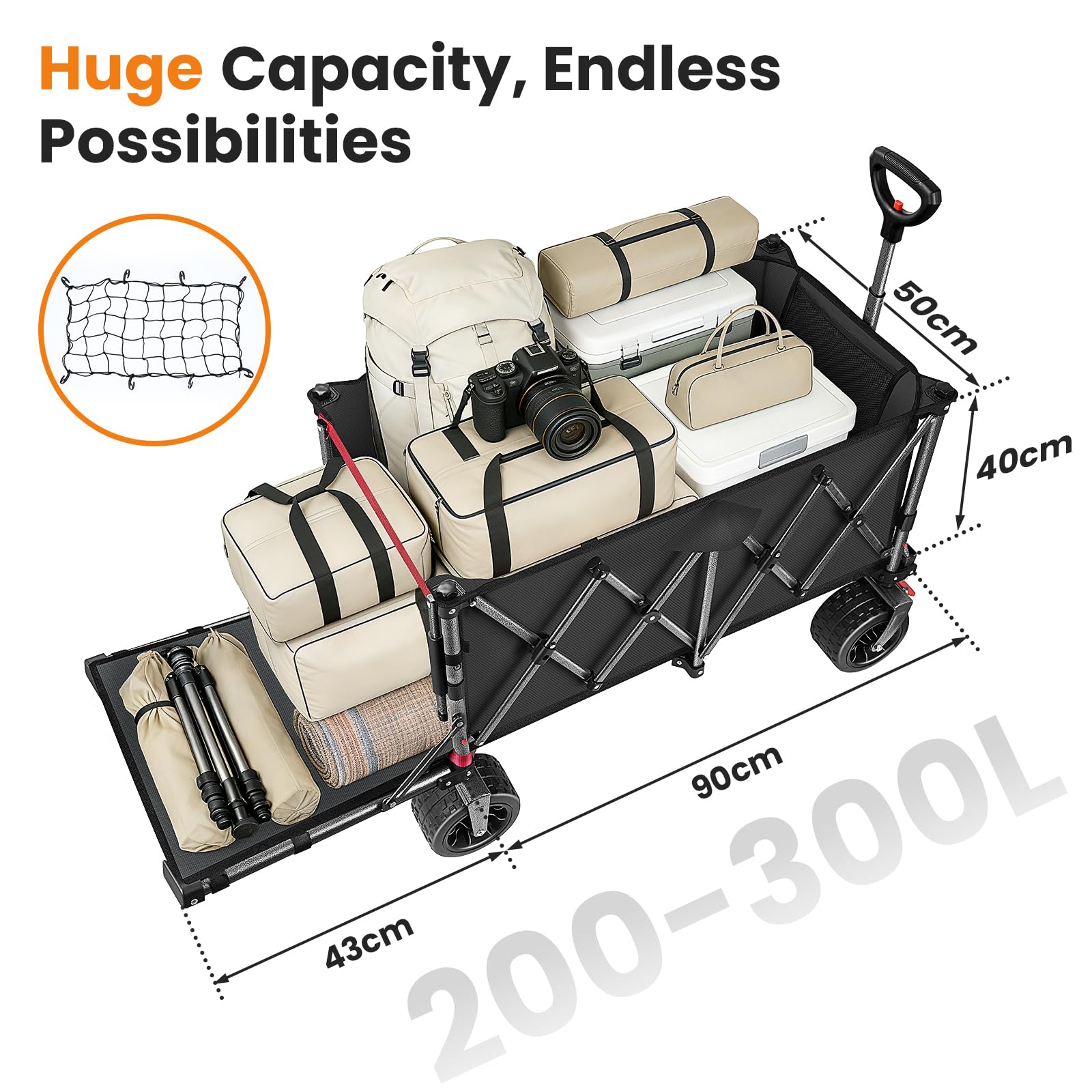 YEAUPE PRO Carro Plegable Todo Terreno – Frenos Dobles, Ruedas Anchas, Estructura Reforzada, Mango Ajustable – Ideal para Playa y Camping – 200-300L, Negro — view 7