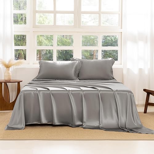 THXSILK Juego de sábanas de seda de 4 piezas, juego de sábanas tamaño King, 22 sábanas de seda Momme 7A+, sábanas suaves y transpirables con 1