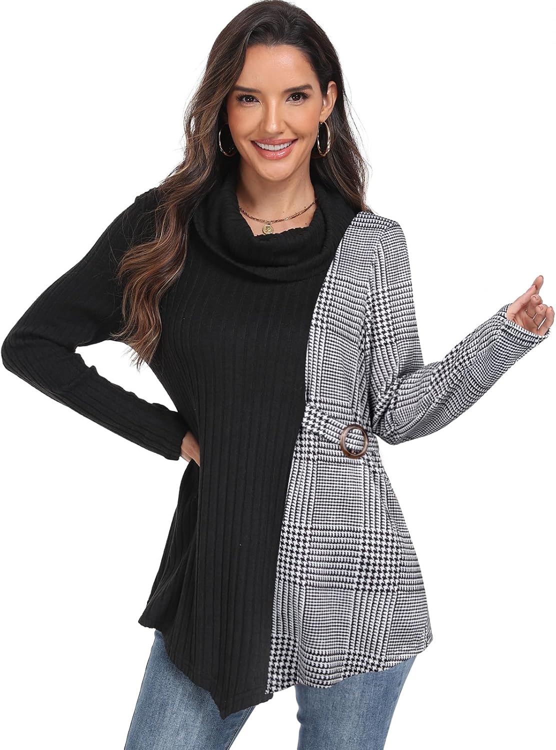 SeSe Code Cowl Neck Tunic Sweater for Women Lightweight Long Sleeve Tunic Tops for Leggings with Asymmetric Hem Knit Pullover - Image 7