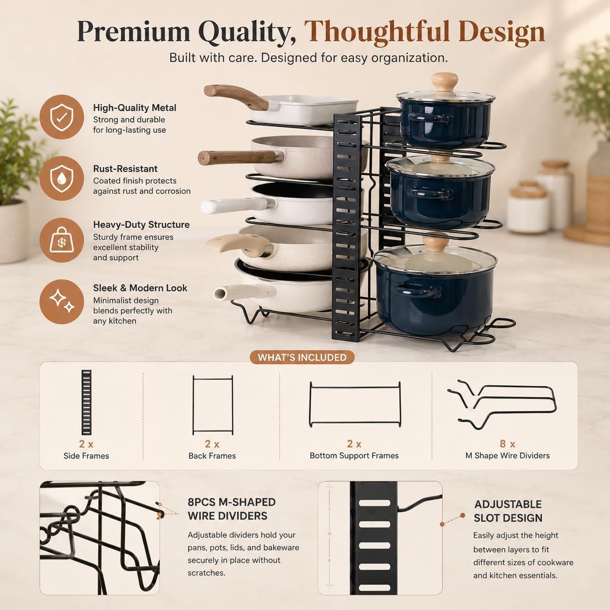 Pots And Pans Organizer Rack - 4 Tier Cookware Organizer - Adjustable Pot and Pan Storage Holder - Metal Kitchen Cabinet Rack for Pots, Frying Pans, Lids, and Countertop Organization