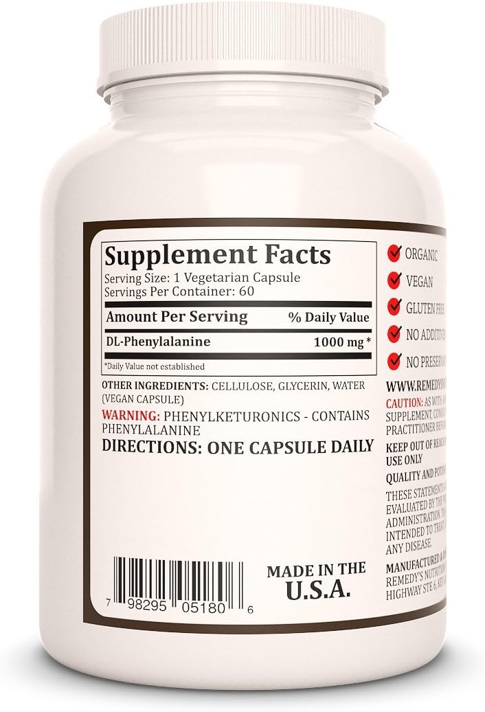 Remedy's nutrition DL-Phenylalanine (DLPA) | 1,000 mg, 60 Vegan Capsules Dietary Supplement | Two Month Supply
