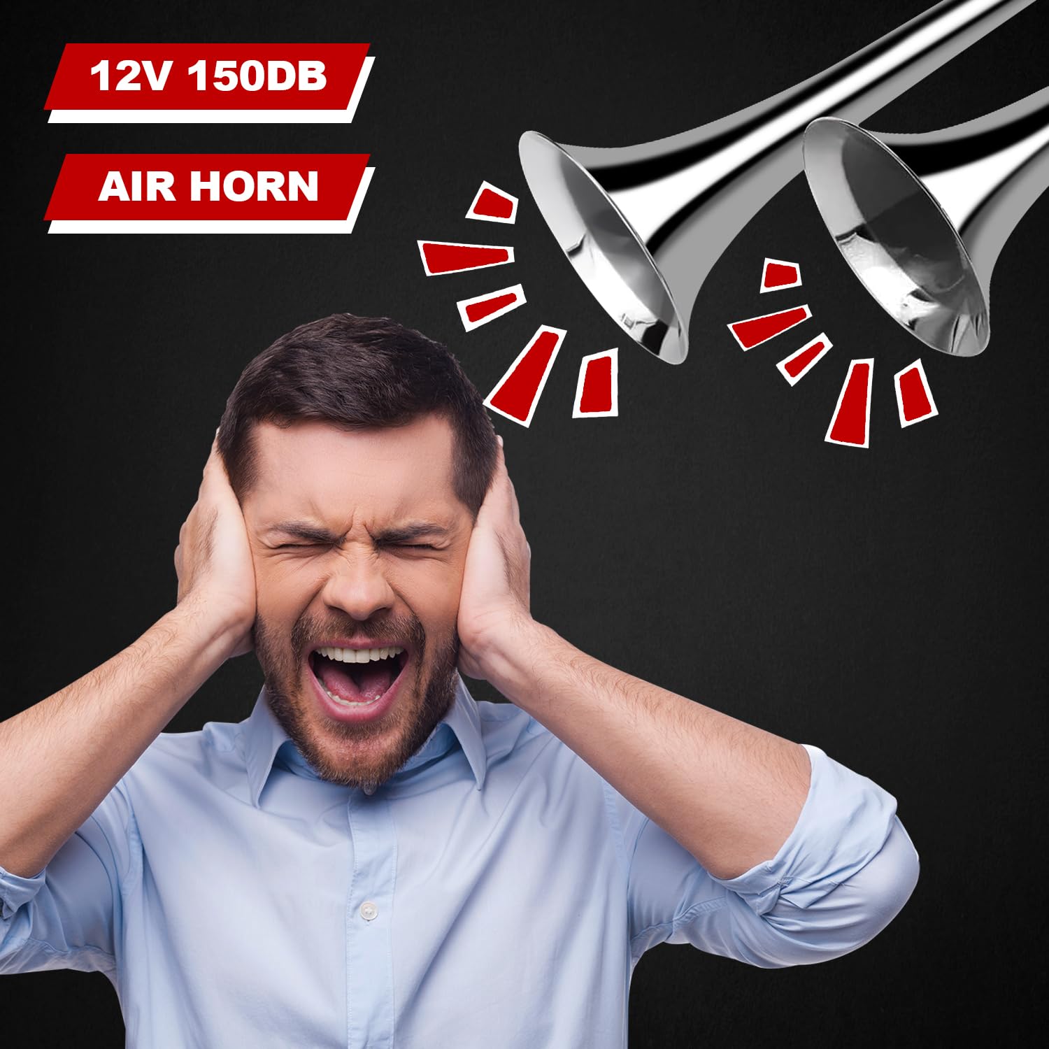 FreeTec Lufthorn klakson pneumatyczny z kompresorem, 150 db, 12 V, do wszystkich pojazdów, ciężarówek, pociągów, łodzi, samochodów SUV-ów (Dual Trumpet)
