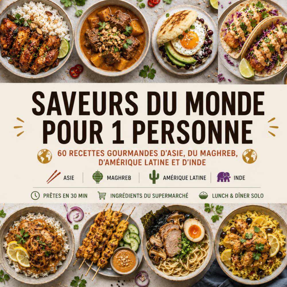 Recettes du Monde pour 1 Personne: 60 Recettes Faciles & Gourmandes d'Asie, du Maghreb, d'Amérique latine et d'Inde Prêtes en 30 min • Ingrédients du supermarché • Lunch & dîner solo • Zéro gaspillage