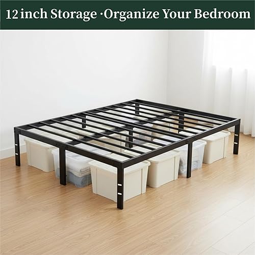 Miniatura 5 de Marco de cama tamaño Queen, marcos de cama de plataforma de metal de 14 pulgadas con soporte de listones de acero resistente, no necesita somier,