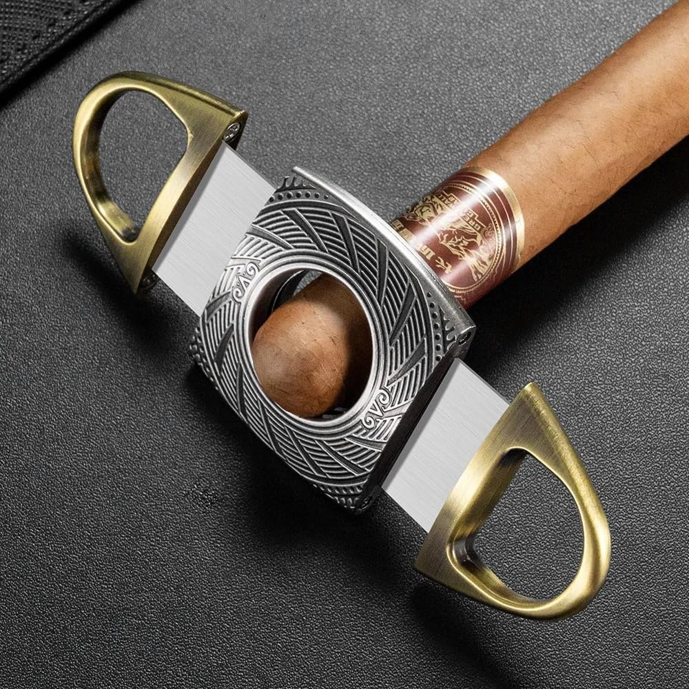 Stainless Steel Cigar Cutter, Professional Precision Double Blade Guillotine Tool, Ornate Engraved Handheld Clipper, Portable Metal Accessory(A)