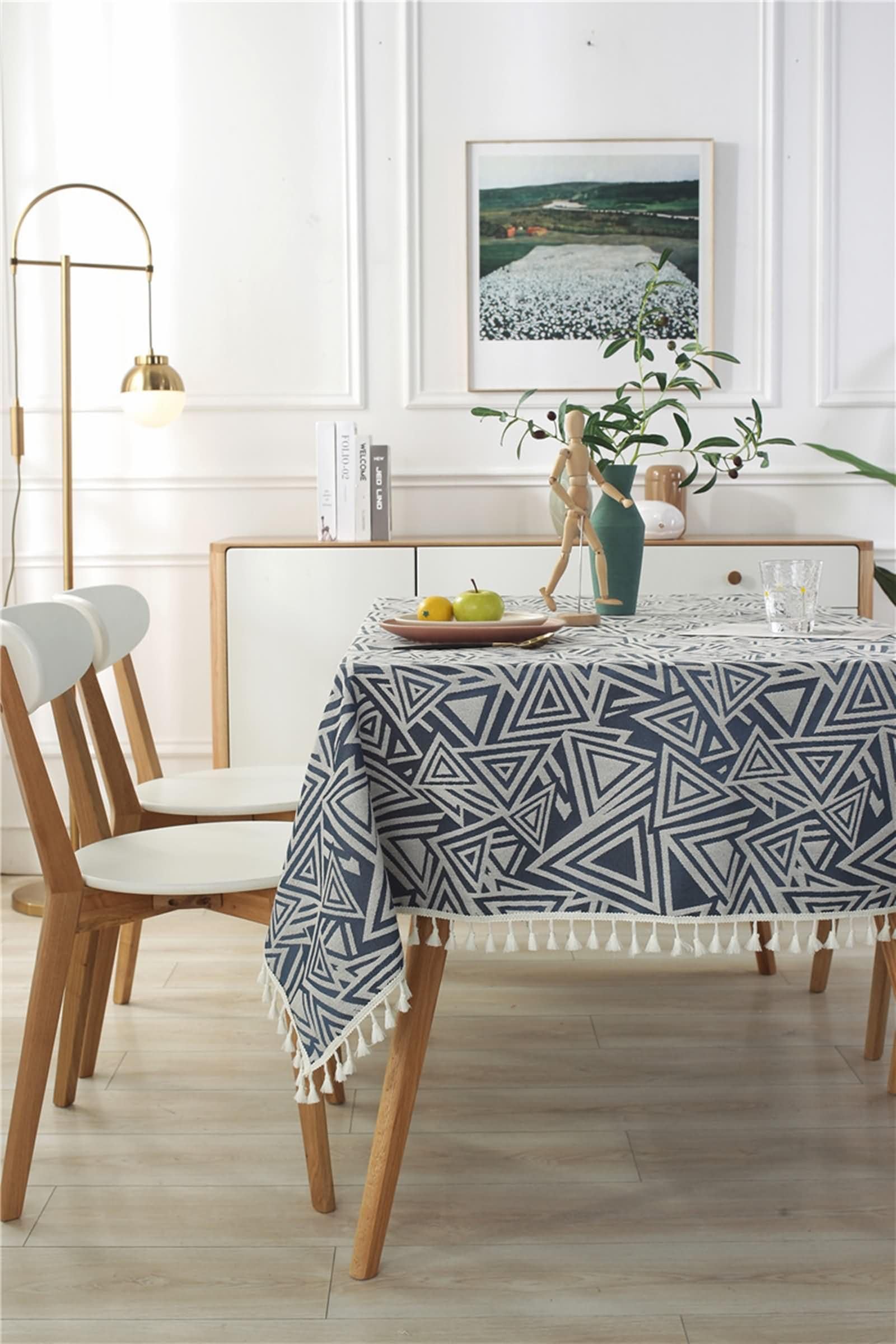 Mantel Rectangular Azul Marino Terraza, Patrón de Triángulo con Borlas, de Poliéster Fácil de Limpiar, 120 x 160 cm, Mantel para Mesa de Centro