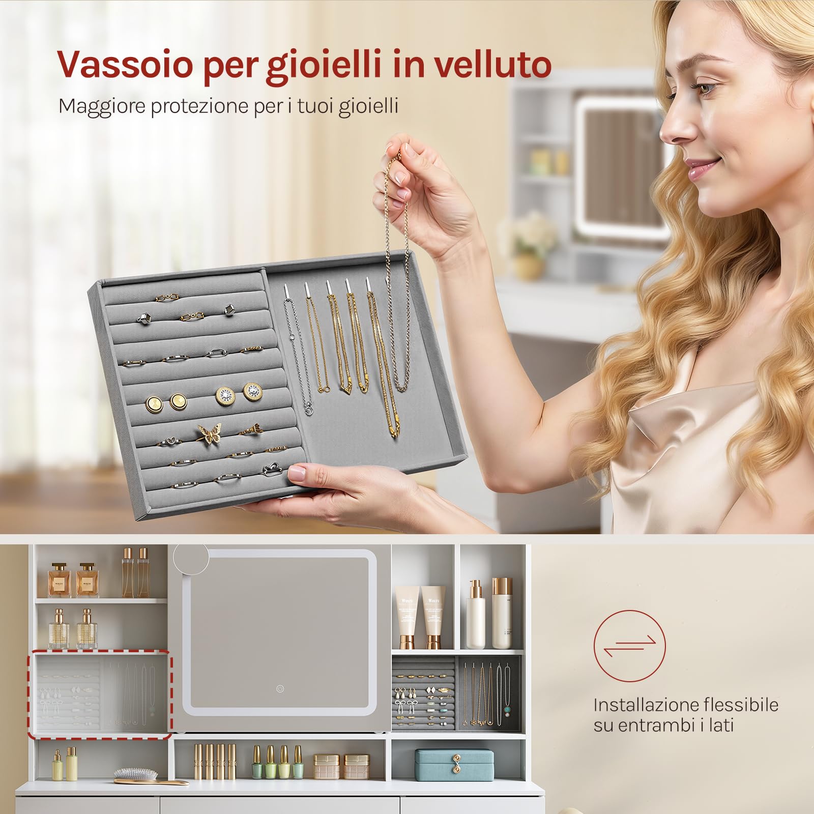 WOLTU Toeletta con Specchio Scorrevole, Luci LED Regolabili e Multipresa, Postazione Trucco con 9 Cassetti e Ripiani Portaoggetti, Grande Specchio, per Camera da Letto, Bianco