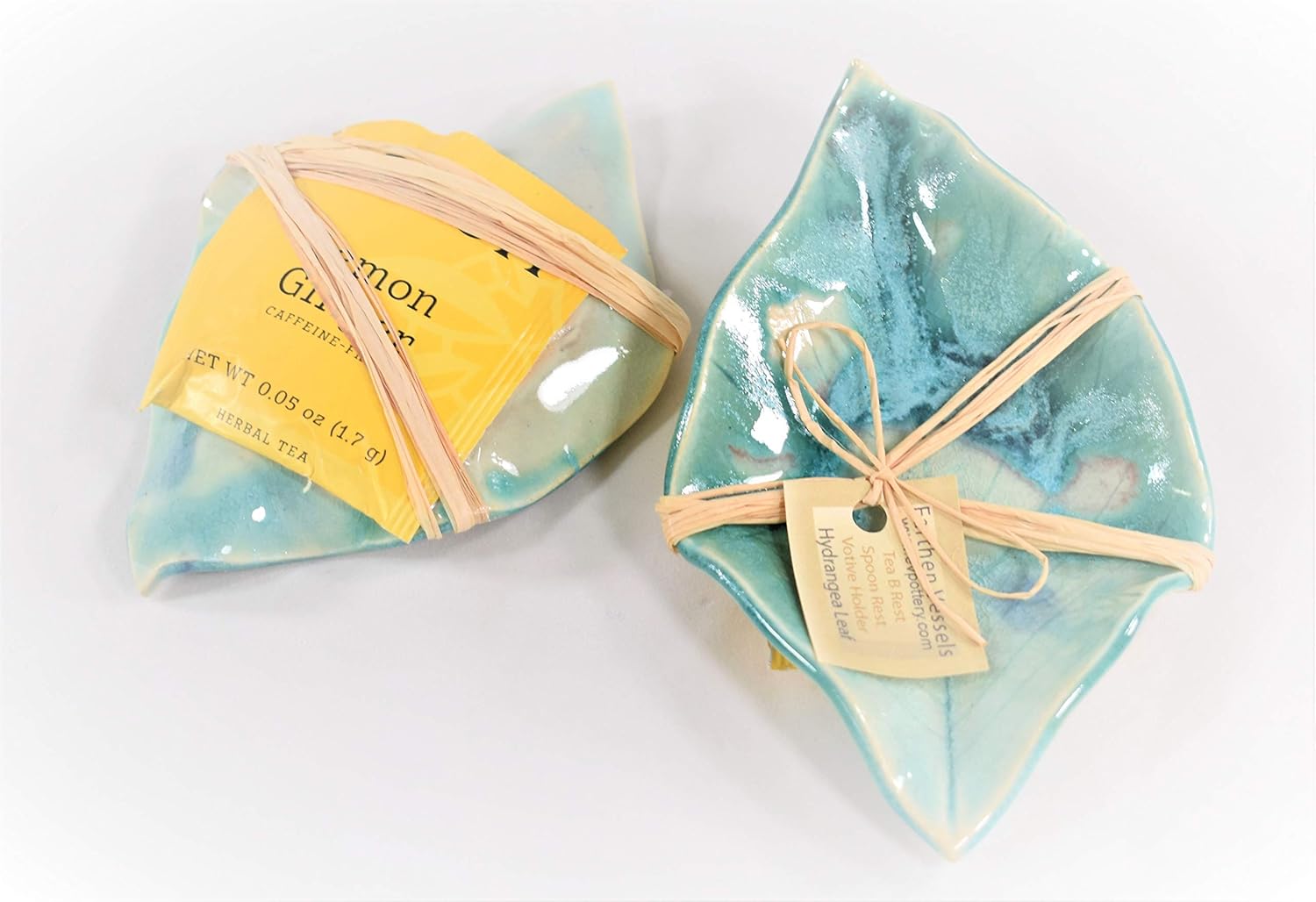 Earthen Vessels Pottery, Stoneware Hydrangea Leaf Spoon Rest, Tea Bag Coaster, Ring Dish or Tea Light Holder, Set of 6 in Summer Pastels: Soft Green, Summer Green, Blue, Teal, Purple & Pink