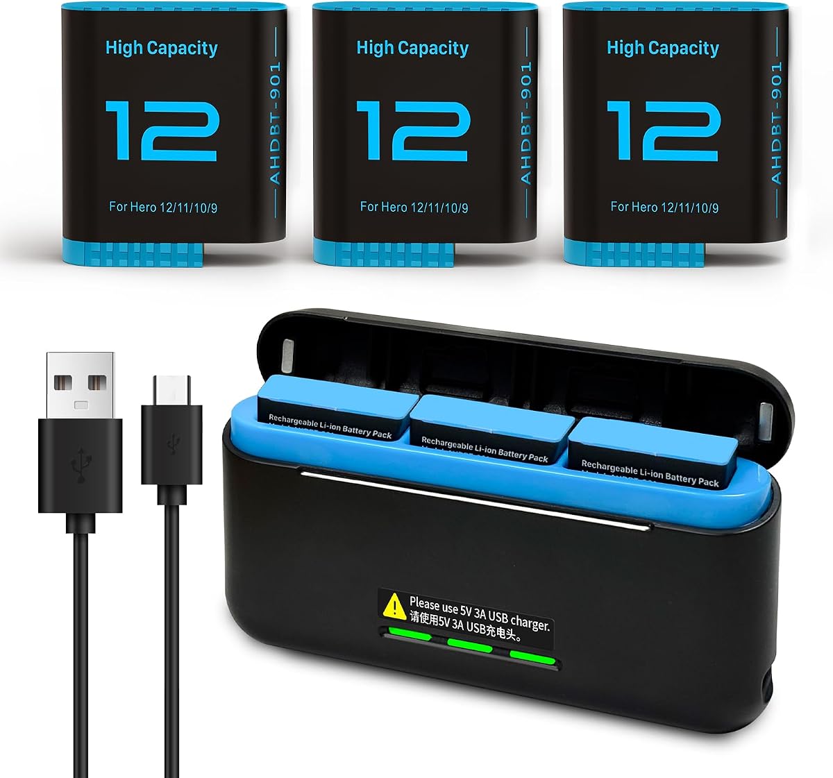 3 Pack 2580 mAh Battery for Gopro Hero 12/Hero 11/Hero 10/Hero 9 with 3-Channel Type-C Battery Charging Station