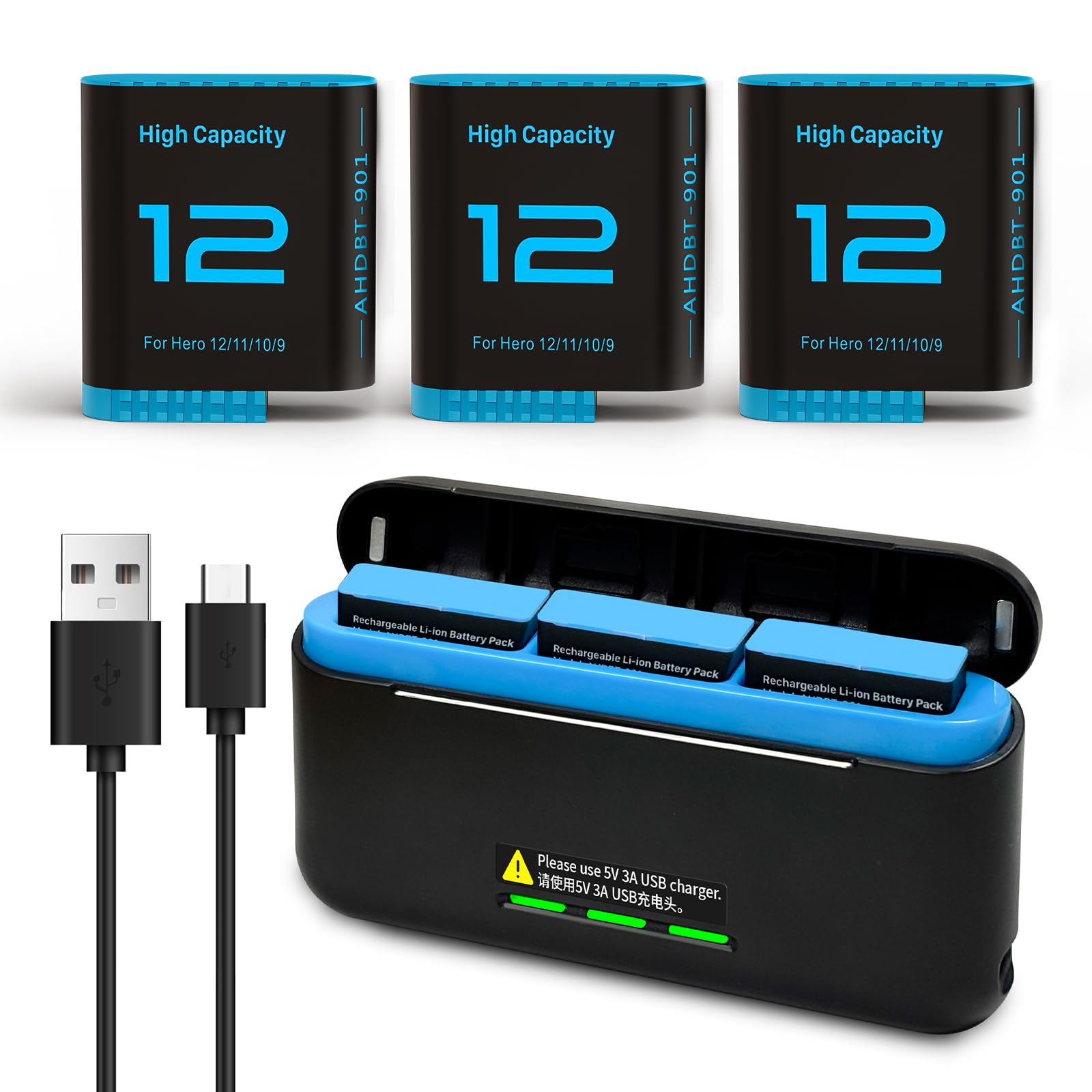 3 Stück 2580mAh Akku für Gopro Hero 12/Hero 11/Hero 10/Hero 9 mit 3-Kanal Typ-C Akku-Ladestation USB-C-Aufladen