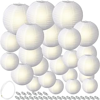 48 Pcs Paper Lanterns and LED Lantern Lights Set Chinese Paper Decorative Lanterns Assorted Size Round Hanging Lanterns with Lights for Indoor Outdoor Home Wedding Birthday Party Decor (White)