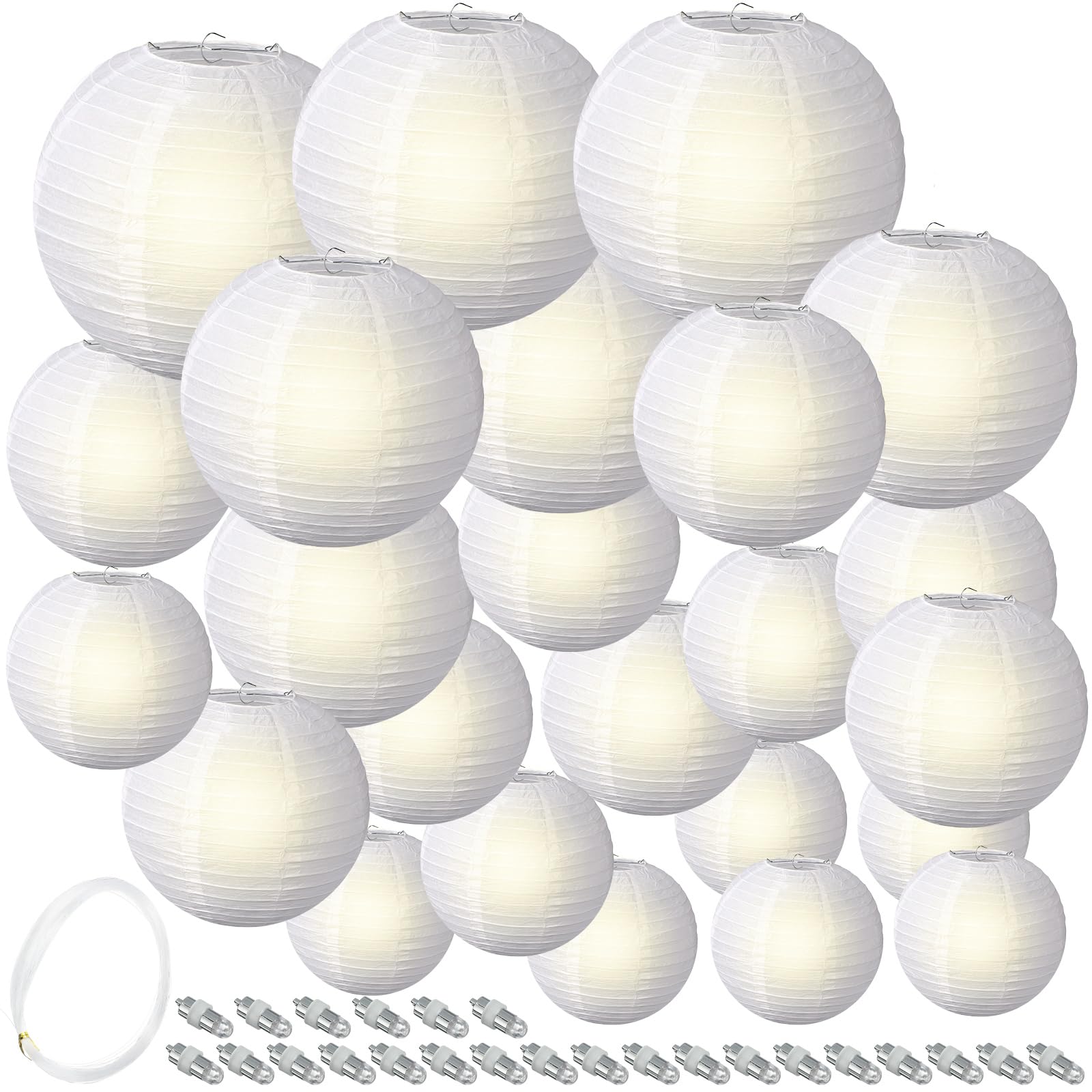 Kittmip 48 Pcs Paper Lanterns and LED Lantern Lights Set Chinese Paper Decorative Lanterns Assorted Size Round Hanging Lanterns with Lights for Indoor Outdoor Home Wedding Birthday Party Decor (White)