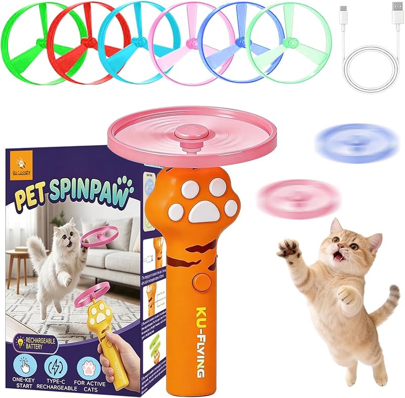 Cat Fetch Toy Automatic Disc Launcher 6 Discs USB-C Yellow | Automatic launcher with 6 discs (3 Glow-in-Dark). 30m range. USB-C rechargeable 1200mAh battery. Interactive toy for cats.