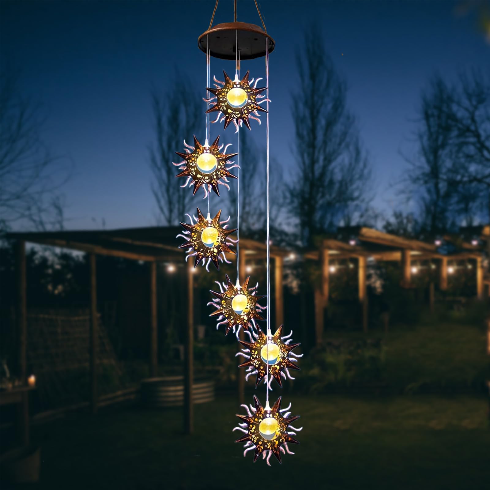 ZVO Campanas de Viento solares con Sol, Luces solares al Aire Libre LED cálido Impermeable lámpara de jardín, Colgando la decoración del jardín de luz para el balcón Terraza Fiesta Árbol Regalos