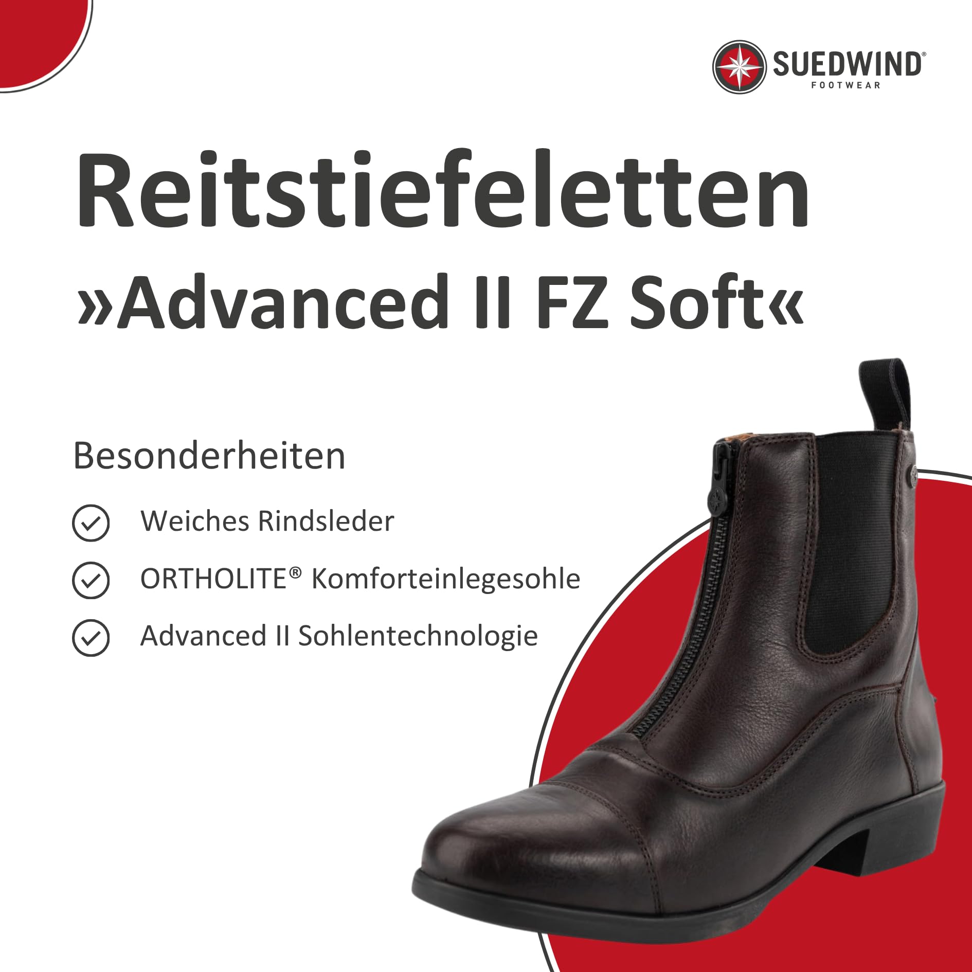 SUEDWIND FOOTWEAR Reitstiefeletten Advanced II FZ Soft – Damen Jodhpur-Stiefeletten – Leder Chelsea Boots – Reißverschluss vorn & komfortable OrthoLite-Sohle – schwarz o. braun – Gr. 36-46