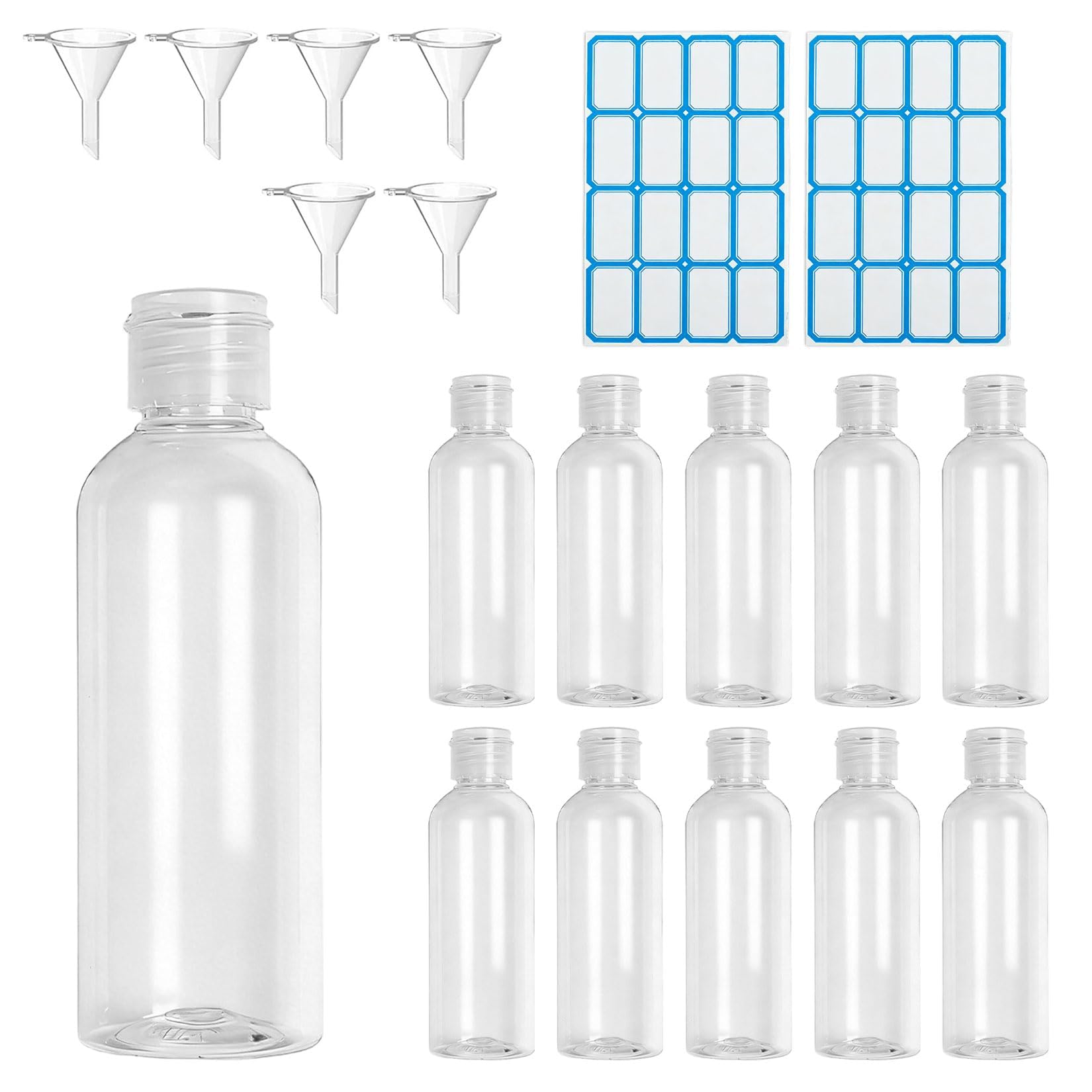11 Pz Flaconi da Viaggio 100 ml, Kit Viaggio Aereo, Bottiglie Vuote Ricaricabili per Articoli da Toeletta, Cosmetici, Shampoo, Lozioni, Liquidi, con 6 Imbuti, 2 Etichette