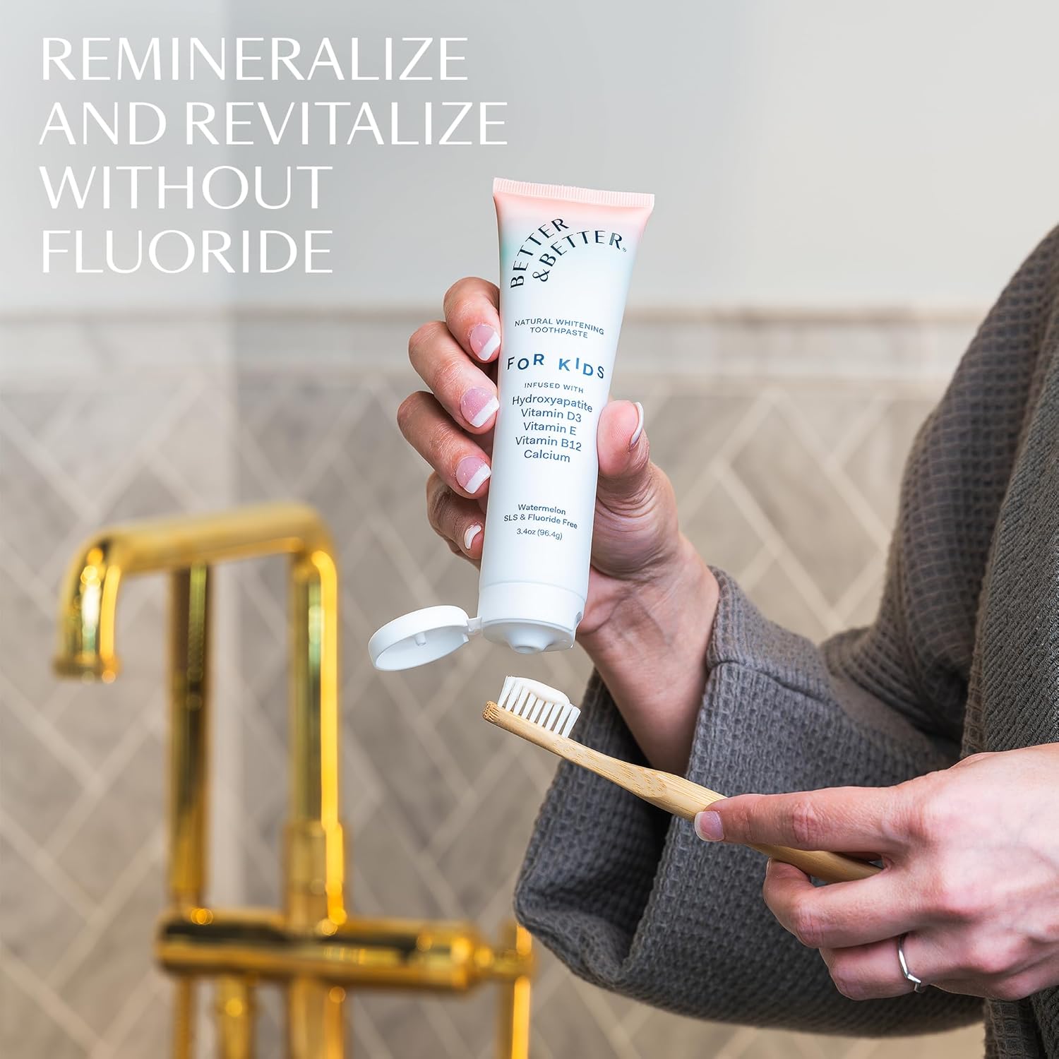 Better & Better Kids Toothpaste | Natural Hydroxyapatite Toothpaste Infused w/Calcium & Vitamins D, E, B12 | Fluoride & SLS Free for Sensitive Brushers | Watermelon Flavor | 3.4oz, 1 Pack - Image 5