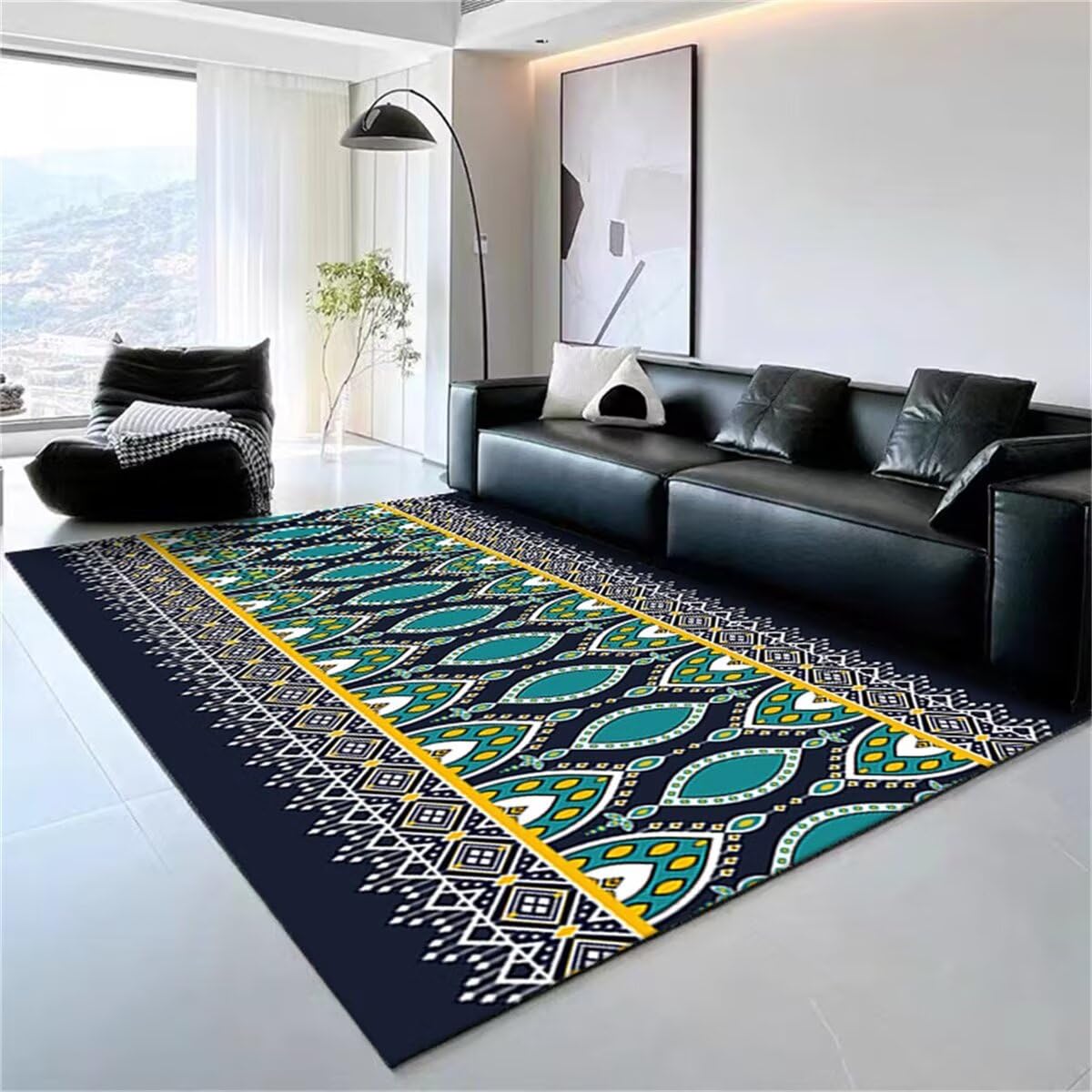 Tapis chambre enfant fille bleu lavable et design géométrique 60x90
