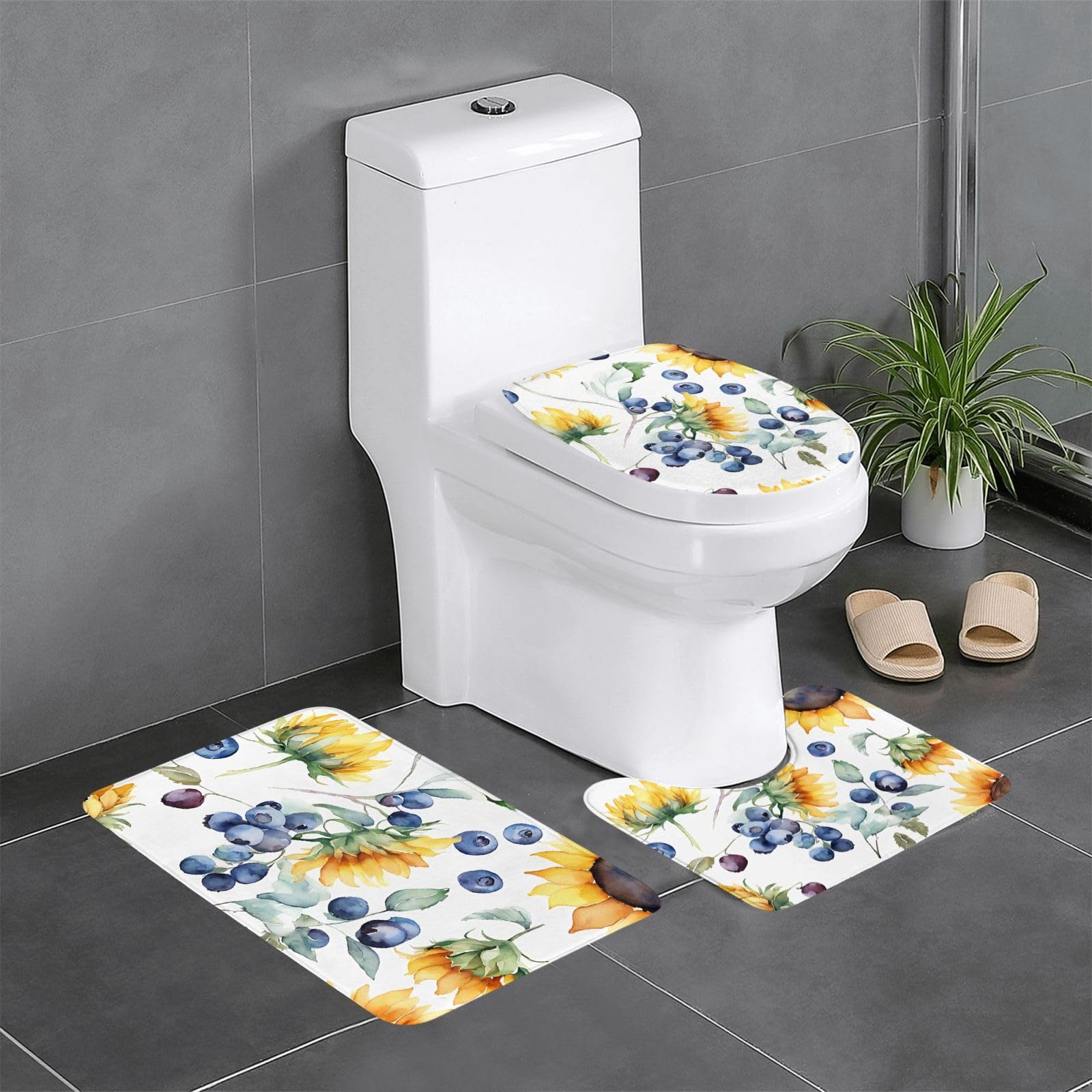 Tapis de salle de bain antidérapants tapis de toilette et contour WC tournesol