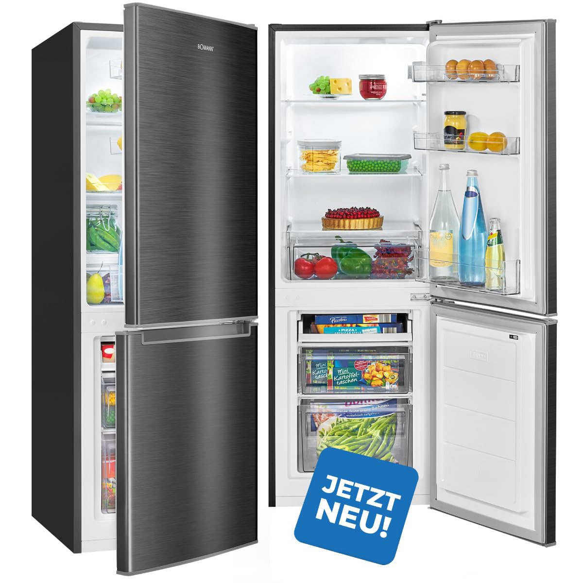 Bomann, Réfrigérateur et Congélateur 173L KG7359-Noir, 121L Réfrigérateur, 52L Congélateur 4 Étoiles, Contrôle Température, Éclairage LED, Design Réversible, Idéal pour Cuisine Moderne