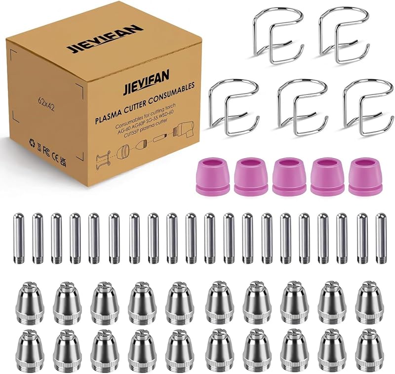 AG60P Plasma Cutter Consumables Kit Includes Cutting Torch Tips and Nozzles – Compatible with AG60, WSD60, AG60P, CUT55P Plasma Cutters （50 Piece）