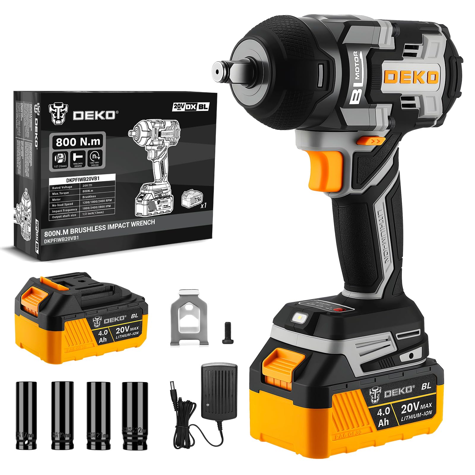 DEKOPRO Cordless Impact Wrench 1/2 Inch 800N.m 20V Brushless Impact Gun with 4.0Ah Battery,3-Speed Impact Wrenches for Automotive Repair, Tire Change, Construction & DIY Projects